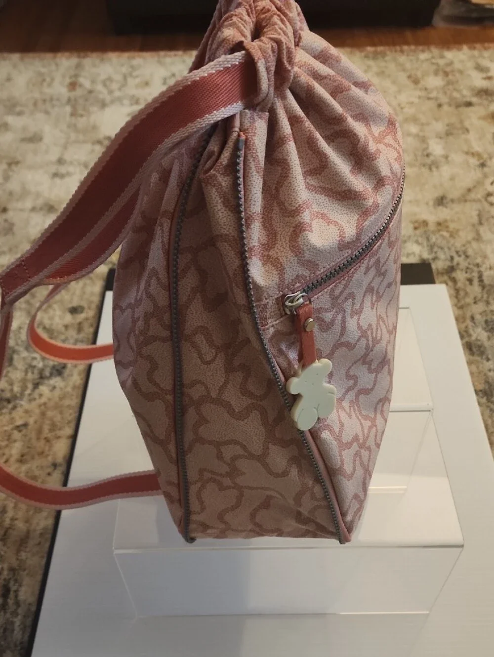 Tous Kaos New Colores Pink Patterned Backpack with Bear Charm. EUC. 33×38×6